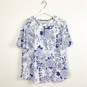 NY & Company White & Blue Floral Top Size XL New